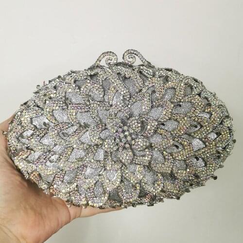 New Arrival Silver Metal AB Diamond Women Clutches Bags Luxury Floral Wedding Bridal Handbags Phone Purses