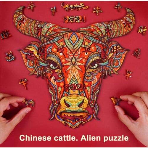New Wooden Puzzle Year Of The Ox Animal Head Puzzle Children DIY Educational Puzzle Adult Leisure Decompression Jigsaw Toy Gift