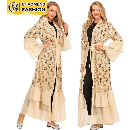 New Design Women Abaya Gold Tassel Sequins Kimono Islamic Cardigan Fashion Chiffon Fabric Modest Wear Dubai Turkey Clothing