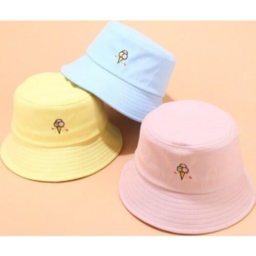 Casual Ice Cream Bucket Hat For Women Girl Cotton Candy Color Fisherman Hat Embroidery Flat Top Sun Hat Fishing Sunhat Panama