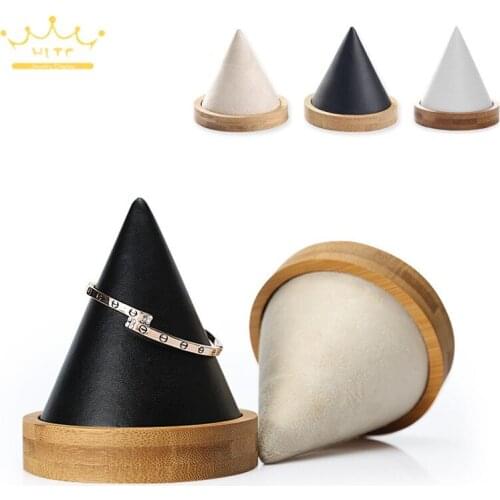 Bracelet Stand Bamboo Wood PU Leather Bangle Holder Cone Shapes Display Organizer Jewelry Display Rack Jewellery Showing Case