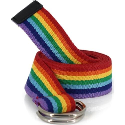 Belt with Ring Buckle Soft Canvas Plaid Rainbow Pattern Belt for Wedding