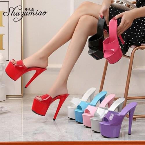 Women High Platform Slippers Luxury Patent Leather Platform Shoes Ladies Sexy Super High Heels Sandals Big Size 43 Summer Slides