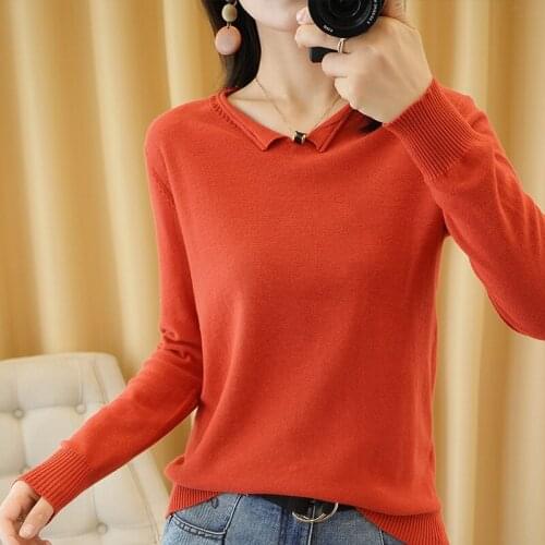 21 Early Autumn New 100% Cotton Knitting Sweater Women Pullover Casual Long-Sleeved Bottoming V-Neck Solid Color All-match Tops