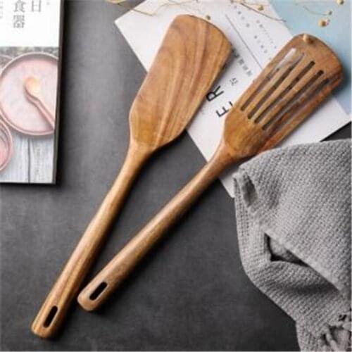 Teak Wood Natural Long Handle Spatula Cooking Turner Non Stick Cooking Utensils Wooden Spatula Slotted Turner Kitchen Gadgets