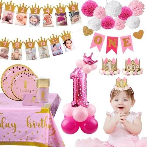 1st Birthday Party Decoration Girl First Birthday Party Decor Balloons 1 Year One Year Old Birthday Baby Shower Party Supplies