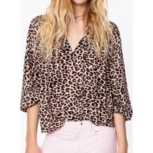 Women Shirt Classic Leopard Printed Sleeve Lace-up V-neck Long-sleeved Shirt