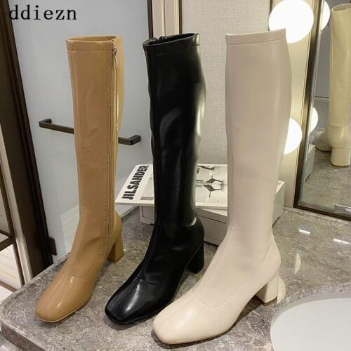 Womens High Boots Shoes For Women 2021 Autumn New Korean Style Female Boot High Heels Square Heel Lady Zipper Modern Boots