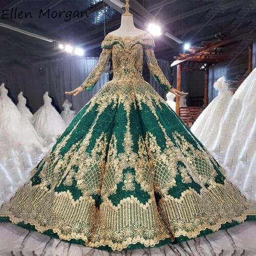 Luxury Glitter Dark Green Gold Wedding Dresses Puffy Long Sleeves Boat Neck Vestido De Novia 2021 Colorful Bridal Ball Gowns