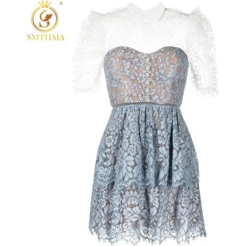 SMTHMA Womens New Runway Lace Hollow Out Summer Dress Elegant Chic Mini Mesh Patchwork Party Dresses Festa Vestidos