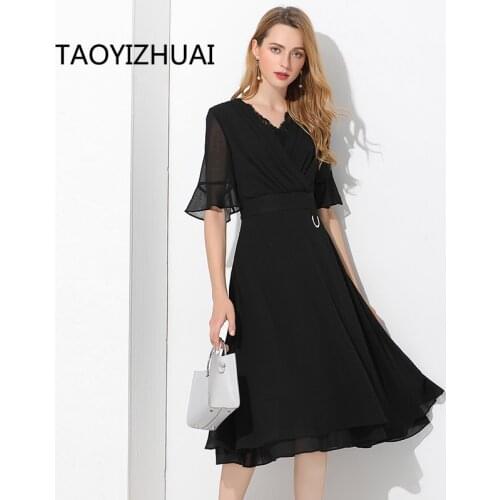 TAOYIZHUAI 2019 summer new arrival black color V neck butterfly sleeve plus size half casual chiffon women lace dress 11570