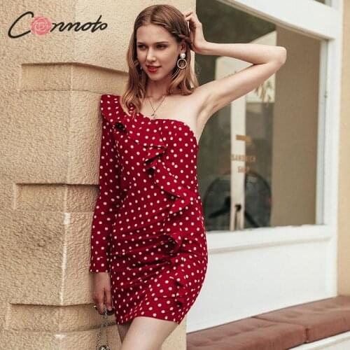 Conmoto Winter 2019 Polka Dot Women Dress One Shoulder Party Mini Bodycon Sexy Dress Female Ruffles Dresses Vestidos
