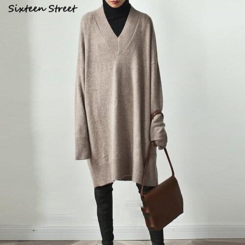 New Woolen Knitted Dress Woman Autumn V-neck Oversized Khaki Knitting Dress Vestidos Woman Fall Runway Design Dresses