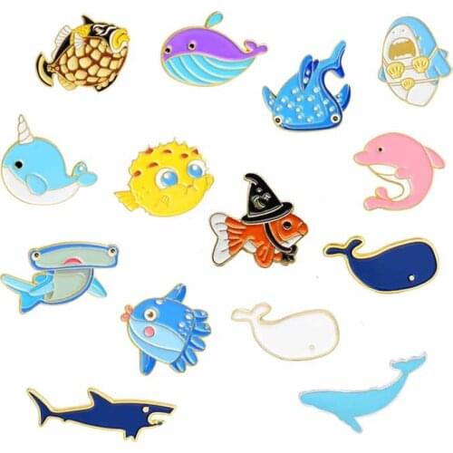 14 styles fish Enamel Brooch Blue whale beluga shark dolphin Puffer marine animal Lapel Pin Bag jackets fashion Badge