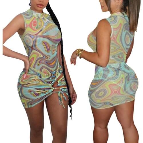 CHRONSTYLE Tie Dyeing Print 2pcs/set Women Suits Mesh Sheer See Through Turtleneck Bodysuit High Waist Split Lace-up Skirts 2021