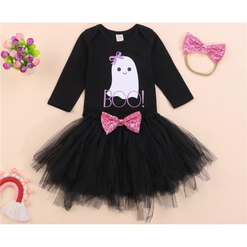3Pcs Baby Girls Halloween Outfits, Cartoon & Letter Print Long Sleeve Romper +Tulle Skirt with Sequined Bowknot + Headband 0-24M