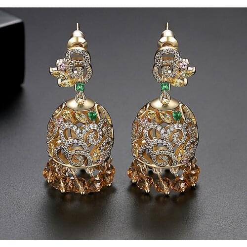 Gypsy Indian Jhumka Boho Ethnic Gold Crystal Bead Drop Dangle Earrings For Women Bridal Jewelry Tribal Jhumki Vintage Statement