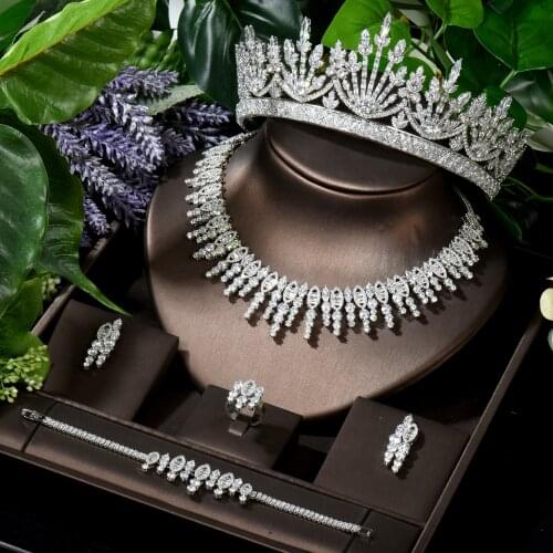 HIBRIDE Exclusive Cubic Zircon Crystal Tiaras Simple Design Women Bridal Jewelry Sets 5pcs Jewellery Addict For Female N-1646