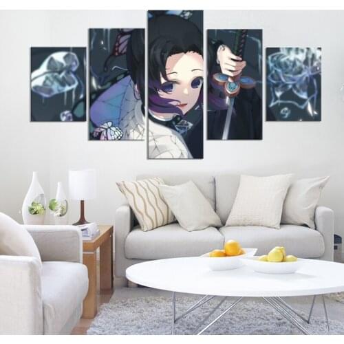 Canvas Painting Print 5 Piece HD Animation Blade of Ghost Picture Butterfly Tolerance Poster Modular Wall Art Bedroom Home Decor