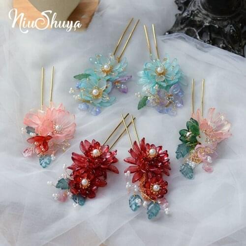 NiuShuya Chinese Hair Jewelry Handmade Clear Flower Hairpins Traditional Classical Hair Clips for Bride Wedding Hair Decoration