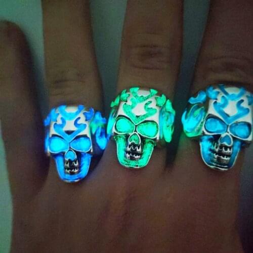 Classic Adjustable Glow In The Dark Ring 8 Style Vintage Alloy Skull Luminous Jewelry Men Charm Fluorescence Ring Halloween Gift