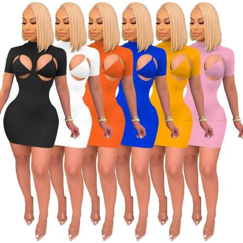 Solid Color Sexy High Neck Short Sleeve Stretchy Bra Tops One Piece Dress Sets Women Night Party Turtleneck Sheath Short Dress