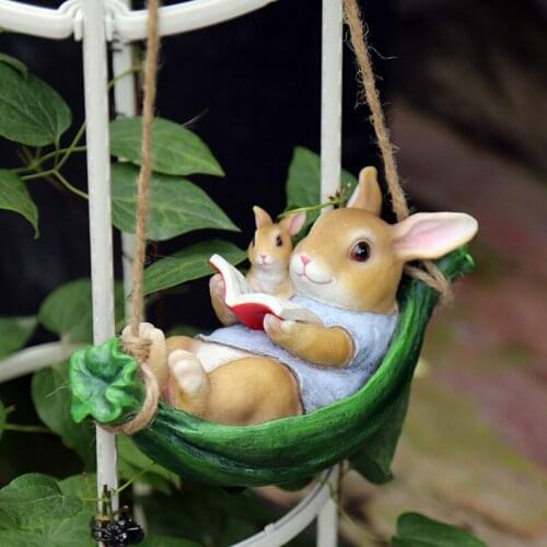 Creative Resin Swing Mother and Child Rabbit Sculpture Ornament Home Outdoor Courtyard Micro Landscape Tree Pendant Garden Decor