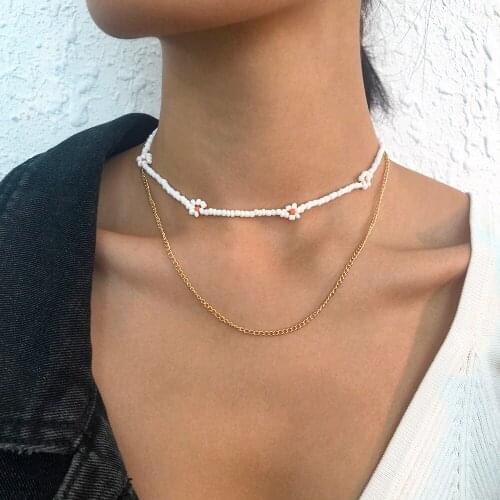 Lalynnly Double Bohemian Style Multiple Colour Sweet Daisy Rice Bead Chain Necklace Clavicle Chain Female Holiday Jewelry N9141