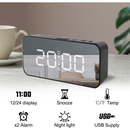 Multifunctional LED Mirror Alarm Clock Chargeable Table Clock 12H/24H Digital Alarm Clock Temperature Clock Digital Thermometer