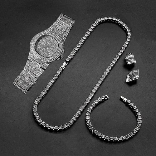 Iced Out Watch for Men Women Necklace Bracelet 1Row Rhinestone Choker Bling Crystal Tennis Chain for Men Jewelry Hip Hop Watches