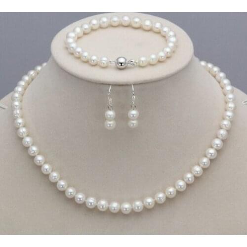 New 7-8mm Natural Freshwater Pearl Necklace Bracelet Earrings Set 18" 7.5"AA
