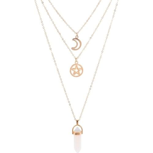 Moon Pentagram Necklace Hexagonal Crystal Chakra Necklace Pendant Multilayer Alloy Chain Neck Necklace Set Ladies Gothic Jewelry