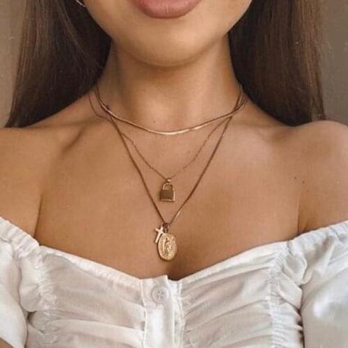 Bohemian Fashion Gold Chain Cross Round Virgin Mary Lock Pendant Multilayer Necklace Party Long Necklace Women Necklace Set