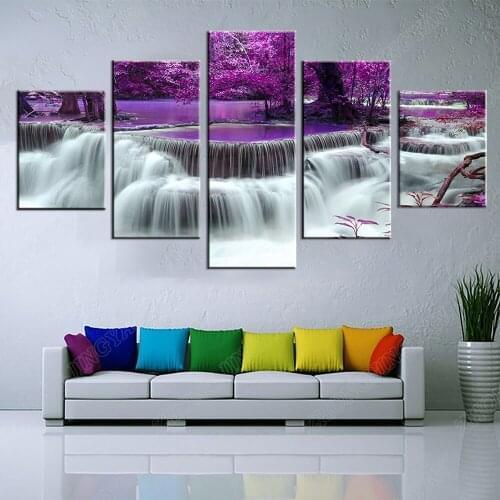 Canvas Prints Poster Living Room Decor Painting Framework 5 Pieces Purple Forest Tree Lake Waterfall Landscape Pictures Wall Art