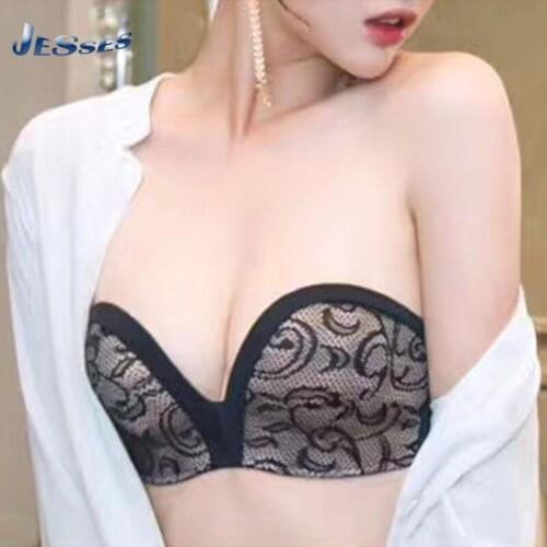 Sexy Lace Lady Cups Seamless No Strapless Underwear Non-slip Invisible Bras Wedding Backless Lingerie Imitates Push Up Underwear