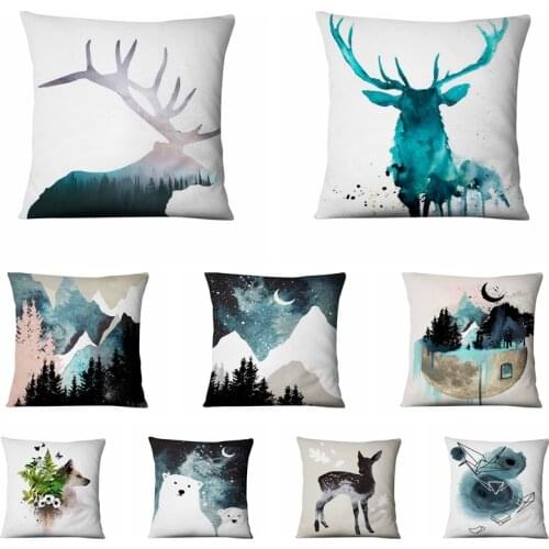 Home Decoration Pillow Nordic Scandinavian Style Printed Pillowcase Cold Mountain Deer Cushion Decorative Pillow 45*45cm