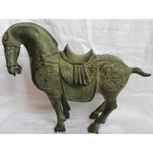Lucky Chinese Bronze Dragon Phoenix War Stand Tang Horse Statue Sculptures