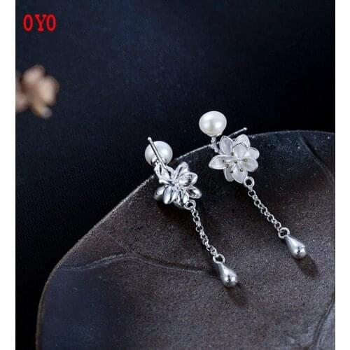 S925 silver cherry blossom earrings female literary retro artificial freshwater pearl earrings