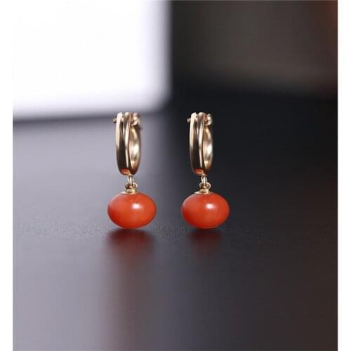 DMBS085 Baoshan Persimmon Red South Red Agate Earrings gemstones Female Genuine Yellow 14K Gild Earring Gift