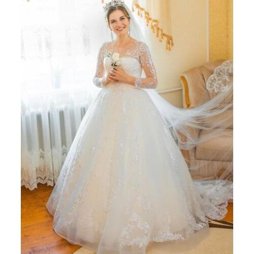 Wedding Dress Ball Sheer Neck Full Sleeve Lace Appliques Sequined Tulle Button Back Floor Length Sweep Train Gorgeous Bride Gown