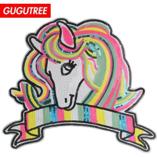 GUGUTREE embroidery paillette big unicorn patches sequin patches horse patches badges applique patches for clothing