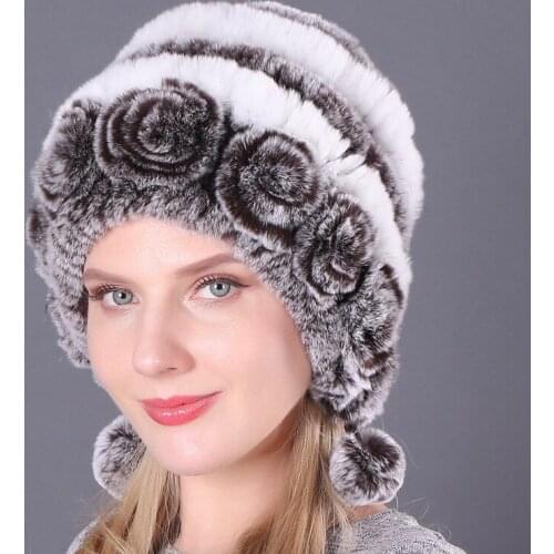 Women New Winter Fur Cap Hooded Head Genuine Mink Fur Hat and Silver Fox Fur Floral Design Hat High Quality Fur Fashion Hat