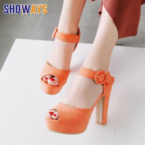 Women Platform Sandals High Chunky Heel Black Orange Pink Peep Toe Ankle Strap Casual Office Summer Female Peep Toe Dress Shoes