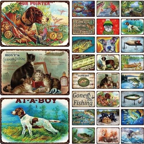Animal Pet Dog Cat Metal Painting Fish Tin Signs Wall Art Plaque Kitchen Home Bar Pub Decor Wall Sticker Retro Vintage Plate
