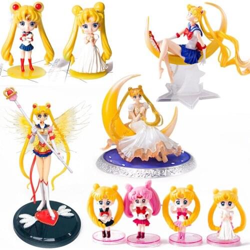 5 Styles New Cartoon Anime Super Sailor Moon dolls PVC Action Figure Wings Cake Decoration Collection Model Toy Doll