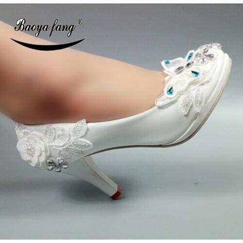 BaoYaFang New Arrival Thin Heel Womens Wedding Shoes Round Toe High Heels ladies fashion shoes woman White crystal Flower shoe