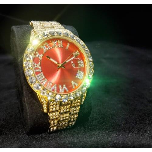 MISSFOX Roman Numerals Mens Watches Red Dial Big Diamnd Bezel Man Gold Watch Stainless Steel Fashion Luxury Mens Quartz Watch