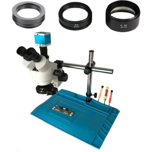 Dual am support 3.5X-90X Trinocular stereo microscope+16MP HDMI USB TF Card Remote control microscope camera +Heat silicone pads