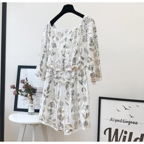 H80&S90 New Women Vintage Embroidered Floral Beaded Sequin Skirt Elastic Waist Bodysuit Ladies' Long Sleeve O-Neck Sexy Playsuit