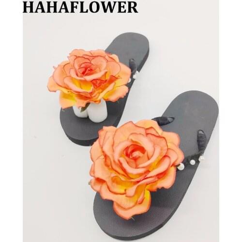 HAHAFLOWER Shoes Women 2018 Summer flat Sandals Flip Flops Handmade Beach Slippers Fashion Rose Pearl Female Shoes